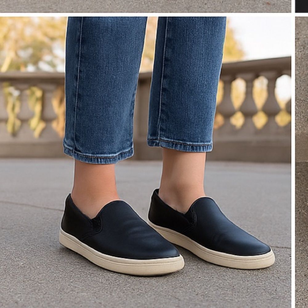UGG Black leather slip on sneakers with comfort panels sz 8